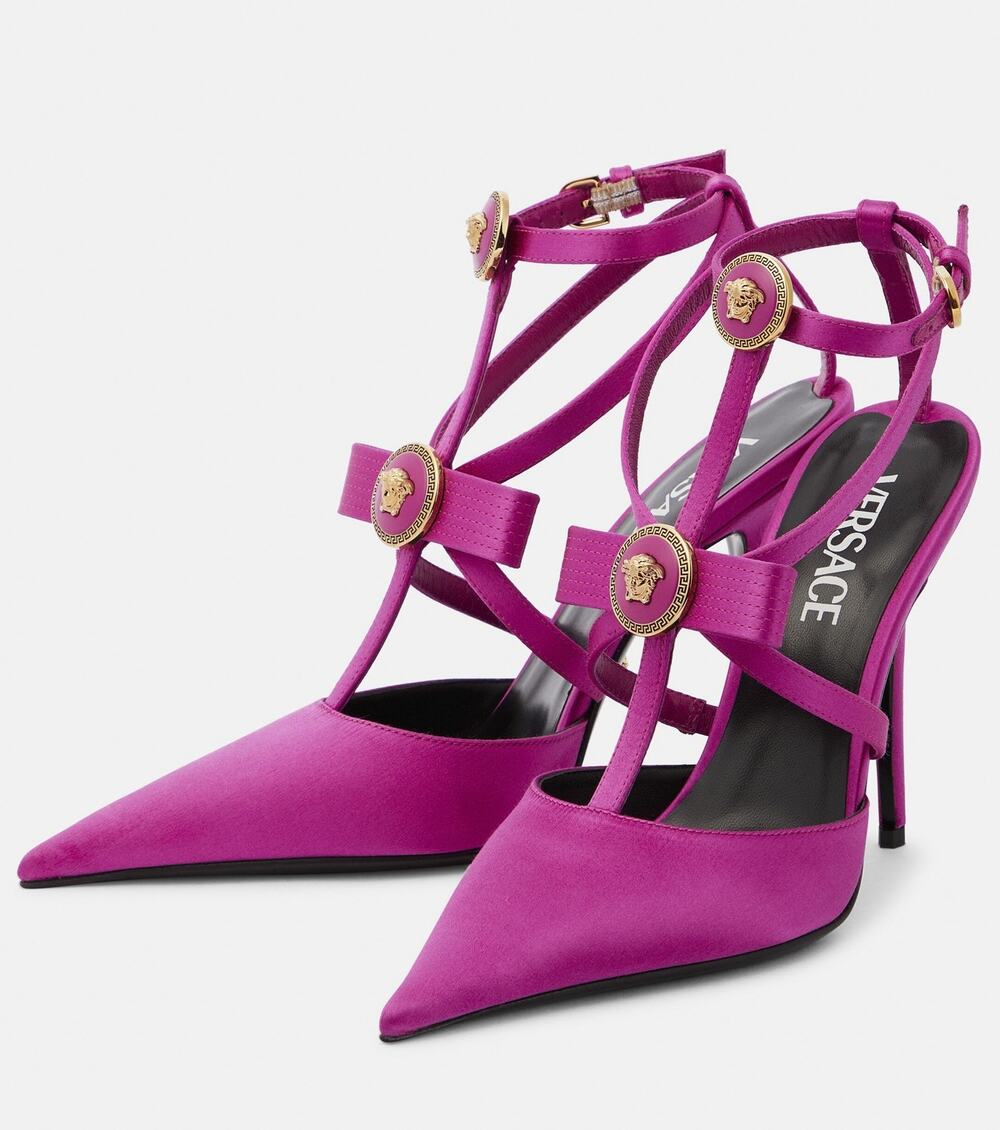 Versace NIB Gianni Ribbon Cage 100 La Medusa Pink Satin Heels Pumps 39